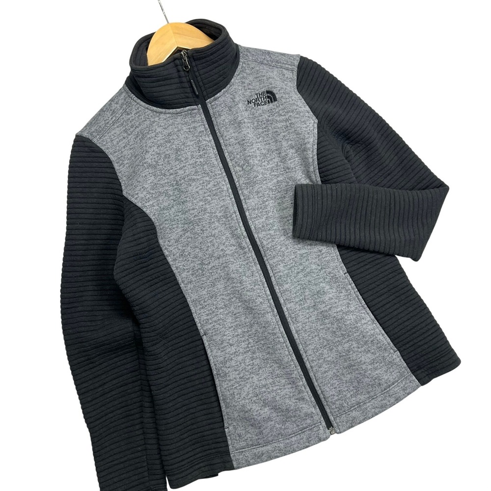 The North Face Womens Grey Black Ribbed‎ Full Zip Fleece Jacket Medium